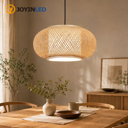 Handwoven bamboo lantern chandelier with an open breathable weave