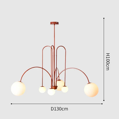 Nordic minimalist arc chandelier with evenly lit frosted glass spheres