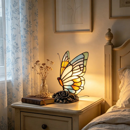 Tiffany blue butterfly stained glass lamp EU plug switched on