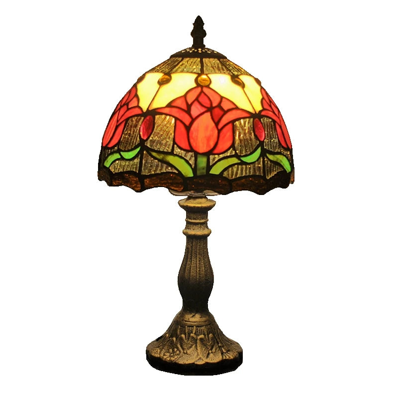 Tiffany tulip art lamp switched off showing glass colour under daylight