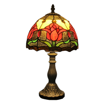 Tiffany tulip art lamp switched off showing glass colour under daylight