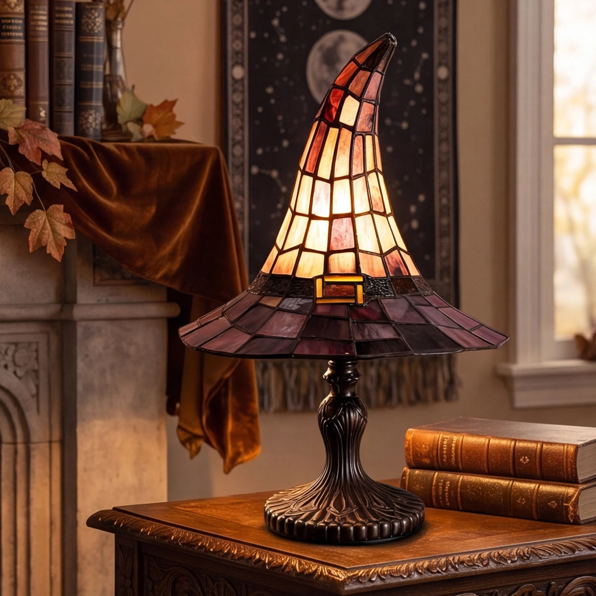 Resin witch lamp from side showing full figurine silhouette profile