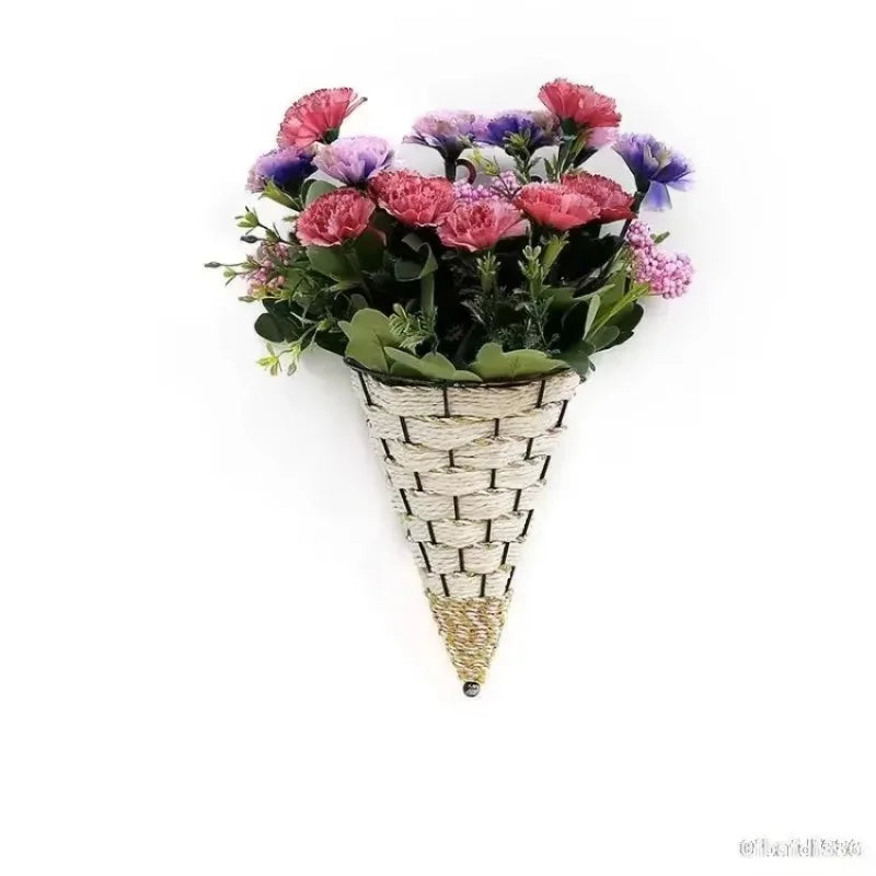 Rattan wall hanging planter wicker flower basket iron pot décor