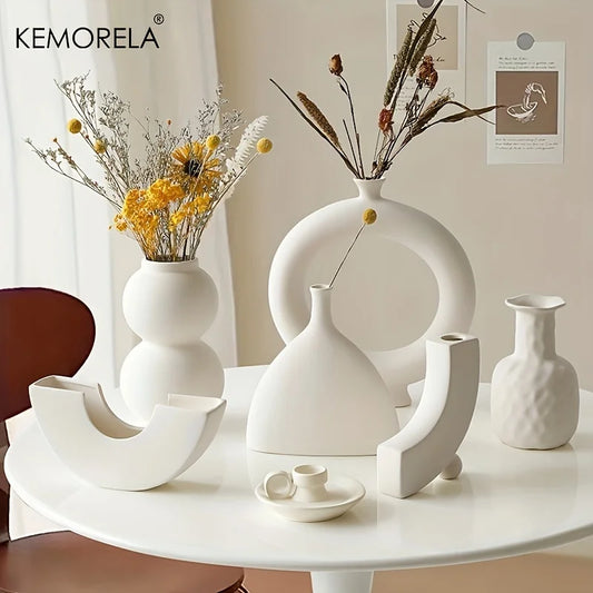 Nordic ceramic donut ring vase style 1 with circular hollow on white shelf