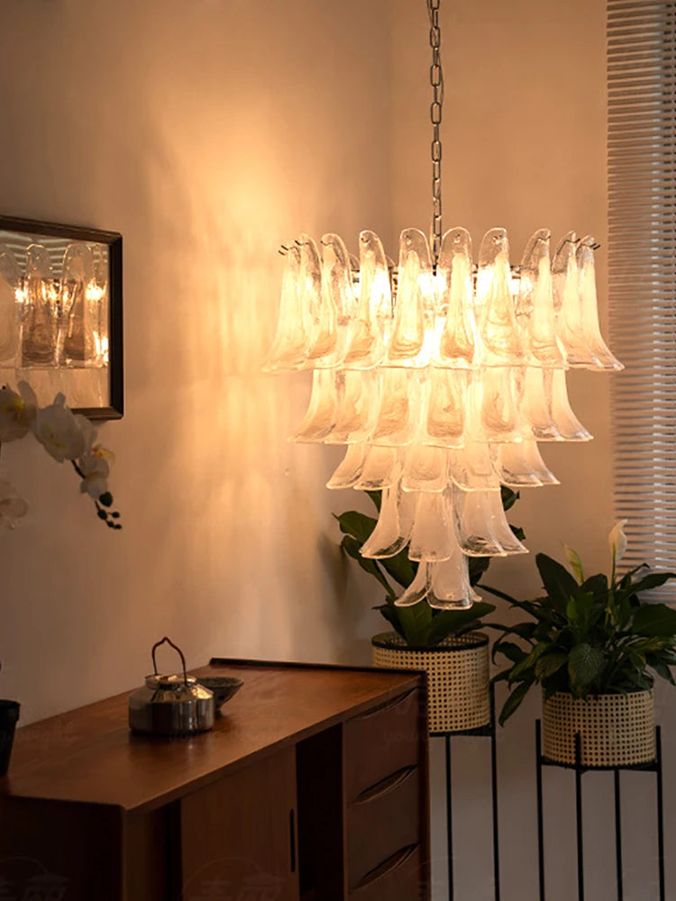 Petal glass chandelier at 35.4 in across in warm 3000K light