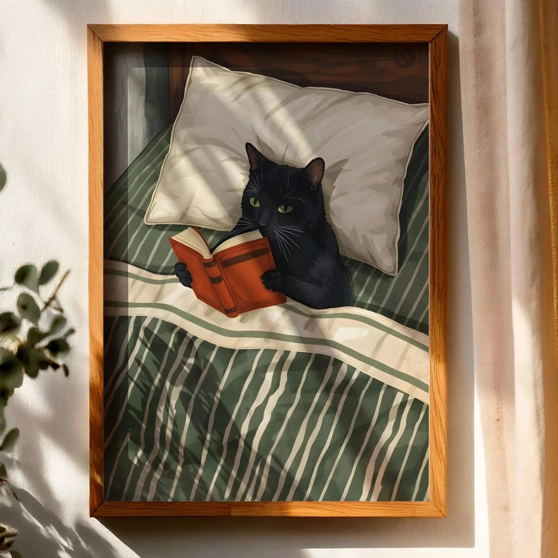 Black Cat Reading Cosy Bedroom Canvas Wall Art