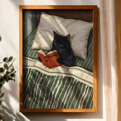 Black Cat Reading Cosy Bedroom Canvas Wall Art