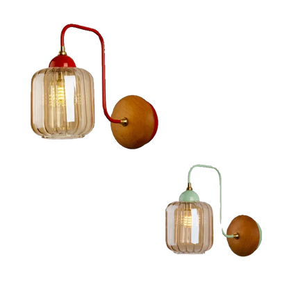 amber glass wall sconce, detail view of fixture base and arm