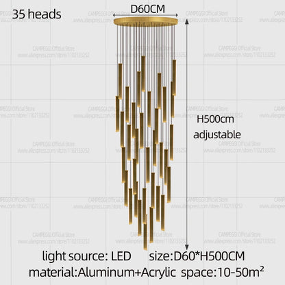 Dimmable aluminum rod chandelier with remote control, 90 to 260V
