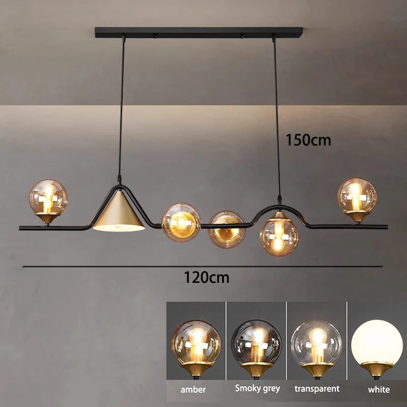 Linear alloy chandelier with nine tinted glass shades and no assembly needed