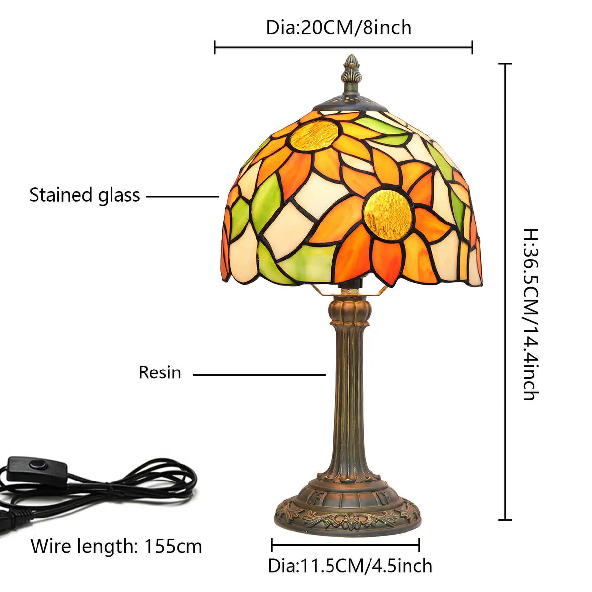 Stained glass sunflower lamp on hotel bedside table warm light
