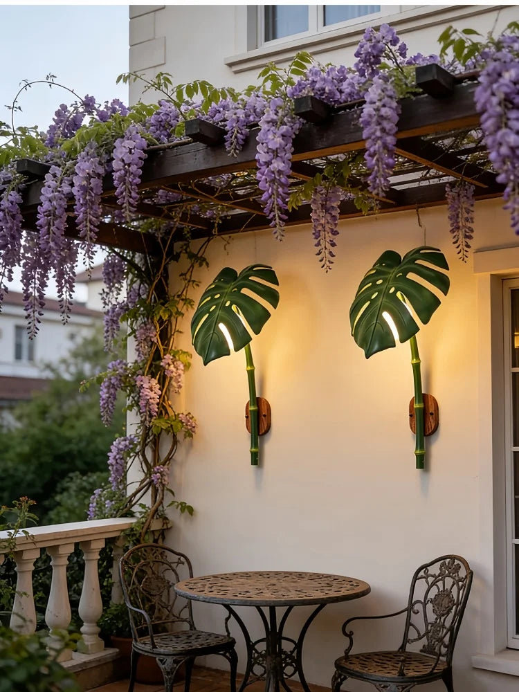 bamboo outdoor wall sconce, close-up of shade and hardware detail
