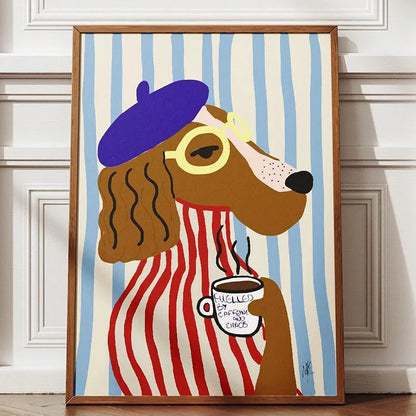Funny Retro Dog Illustration Canvas Wall Art