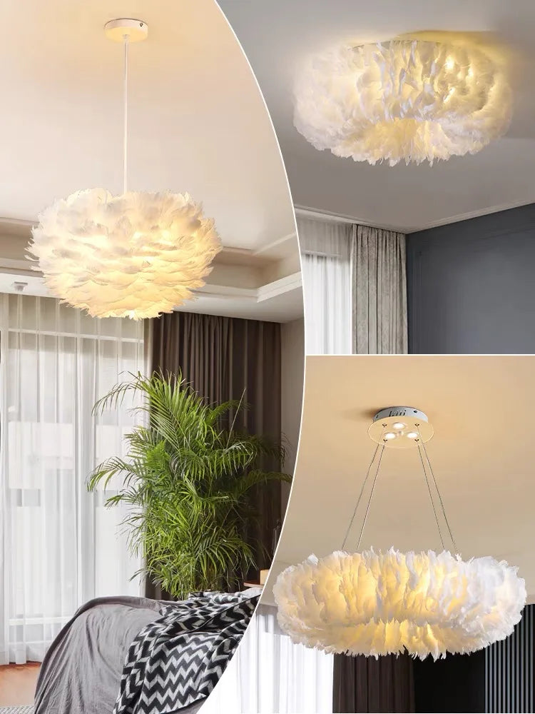 Brownish yellow feather chandelier on a metal frame with E27 socket