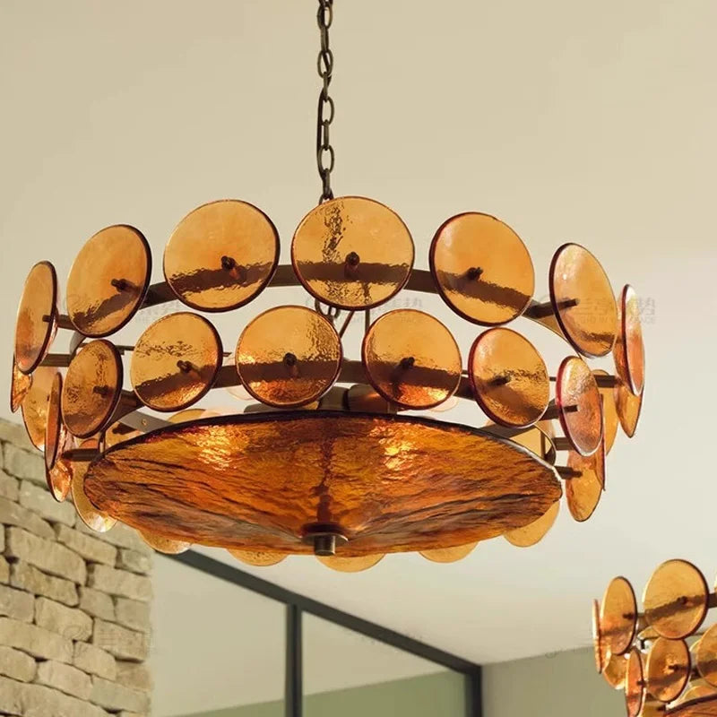 Rounded glass shade cluster chandelier in tea color on a flush mount frame