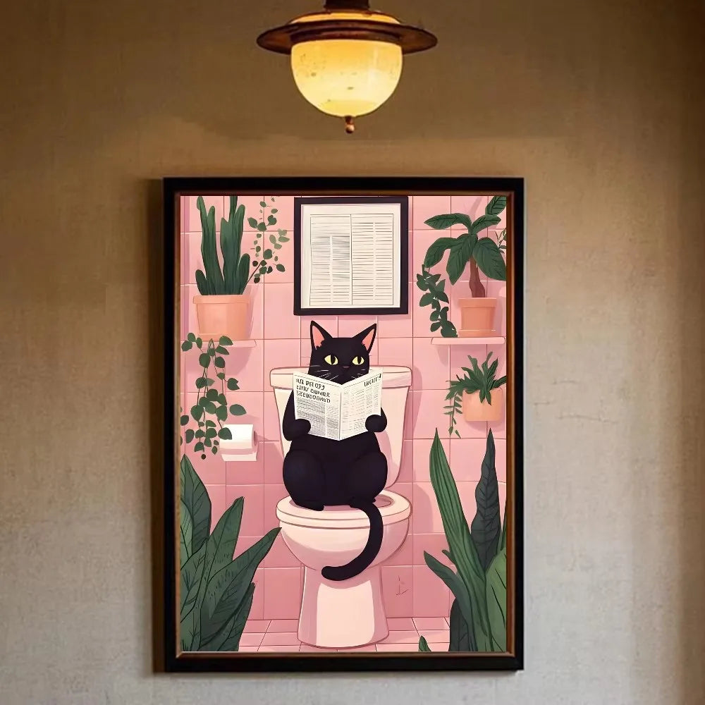 Funny Black Cat Toilet Newspaper Bathroom Canvas Art
