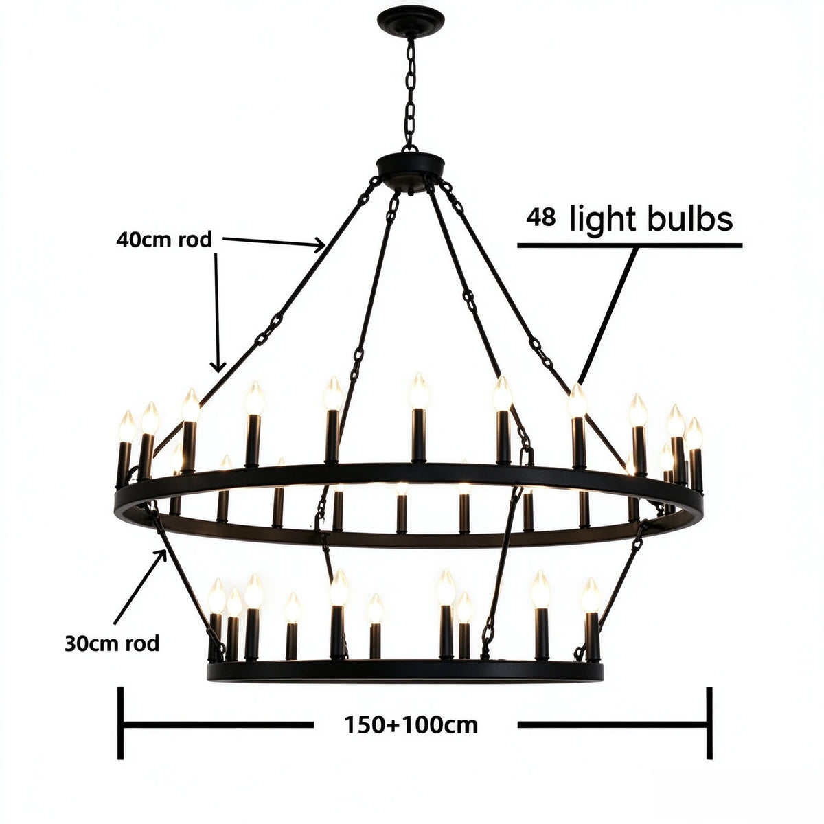 Forty four light double ring wrought iron candle chandelier
