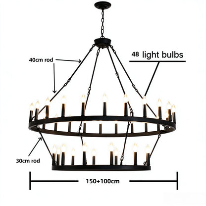 Forty four light double ring wrought iron candle chandelier