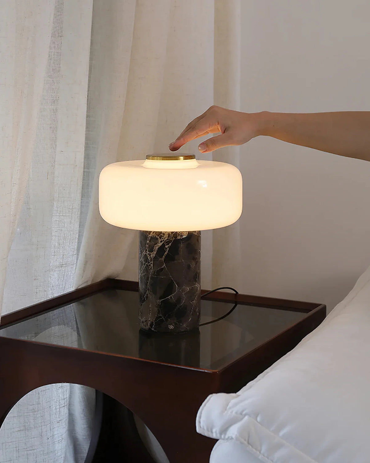 Rechargeable marble glass lamp dark emperador front view LED warm glow