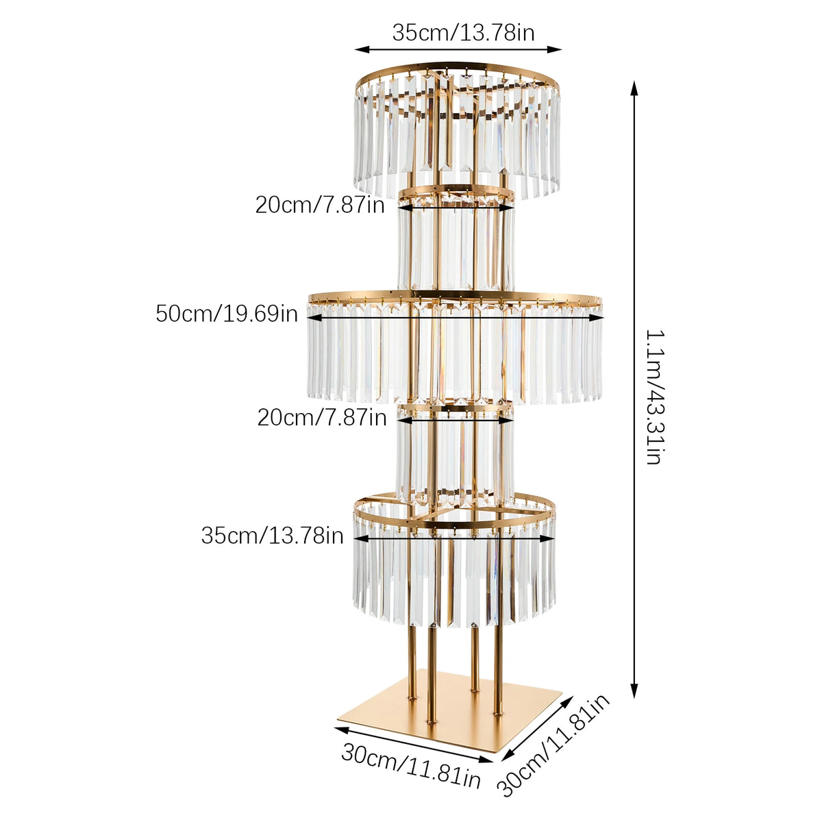 Side view of gold acrylic tall floral centerpiece stand showing five-tier structure