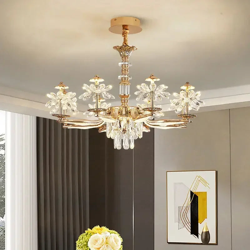 Carved zinc alloy chandelier petals holding crystal in three-color light