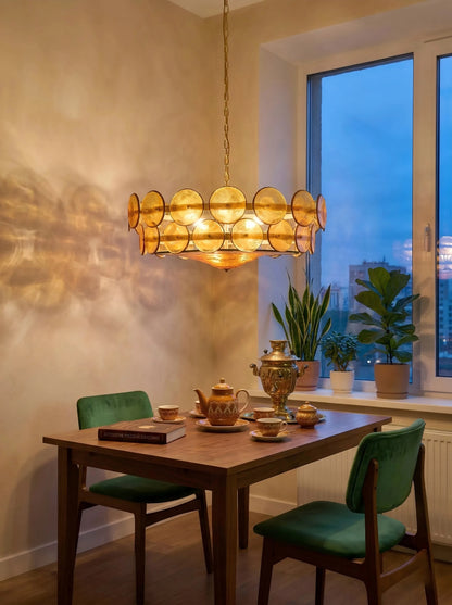 White glass retro chandelier at 31.5 in diameter with chain suspension