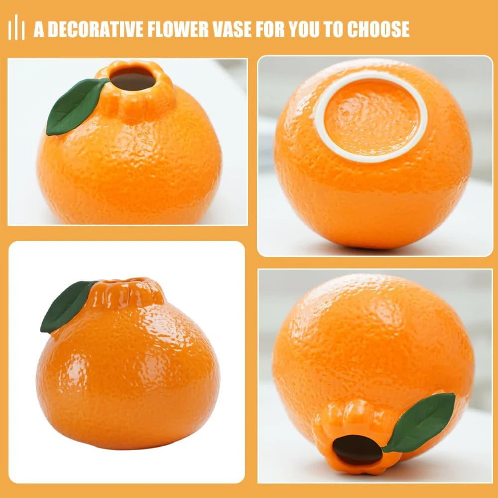 Neutral colored ceramic fruit vase on minimalist white shelf surface