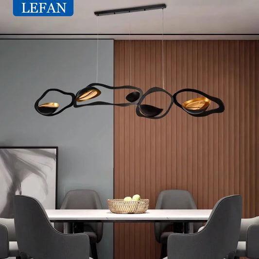 Black steel linear chandelier with five forged stainless steel arms