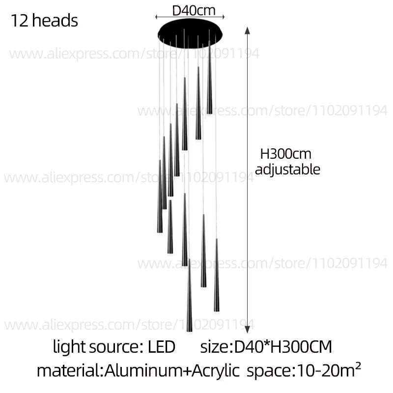 Neutral light setting on a long minimalist stair chandelier
