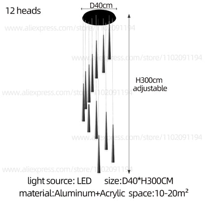 Neutral light setting on a long minimalist stair chandelier