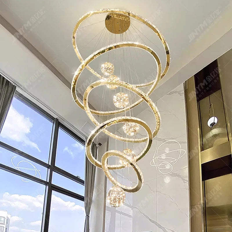Crystal ring chandelier with six rings and a 118.1 in adjustable drop