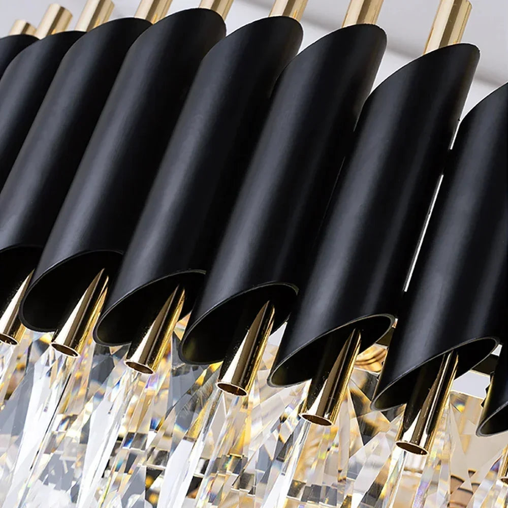 Round black chandelier with crystal elements and included E14 LED bulbs