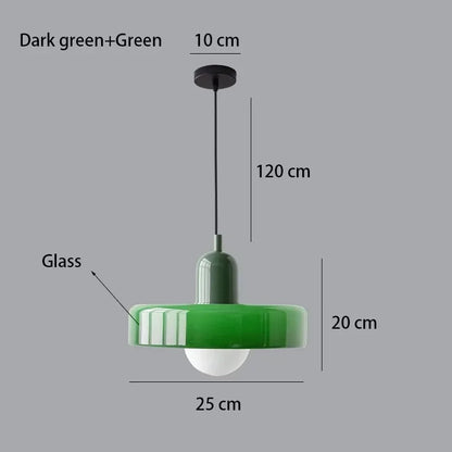 Green glass chandelier profile shown with its iron ceiling canopy