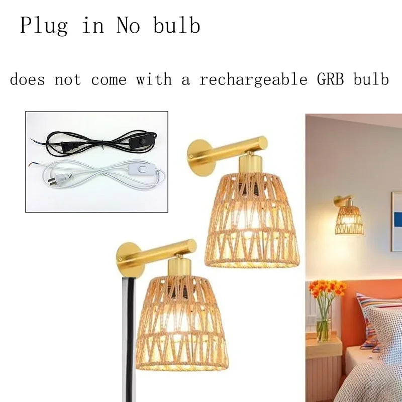 black rattan plug-in wall sconce, side profile showing mounting depth