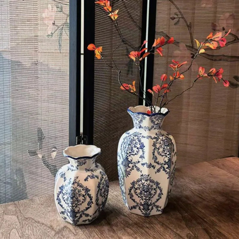 White glaze blue and white porcelain vase with dried flower branch display