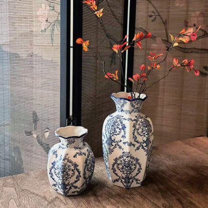 White glaze blue and white porcelain vase with dried flower branch display