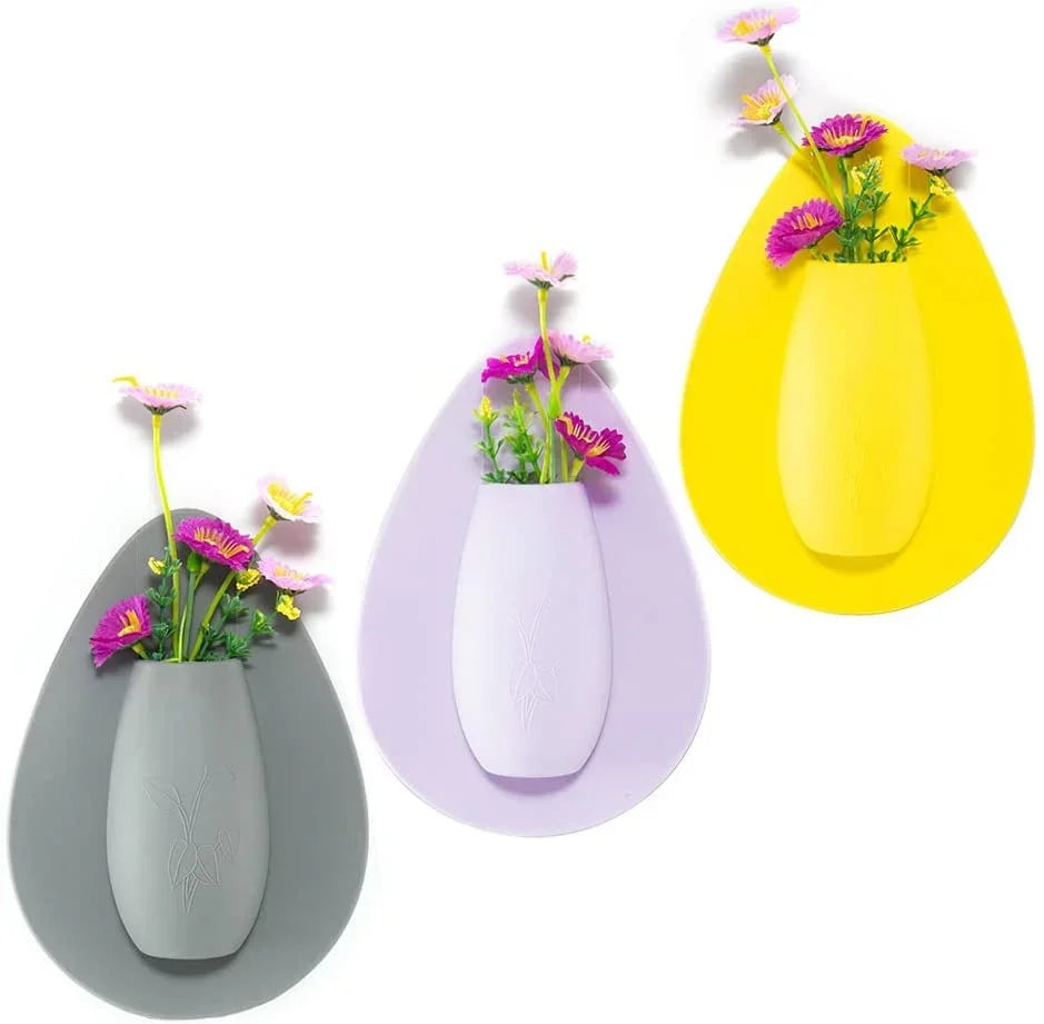 Green silicone self-adhesive wall vase with plant on glass