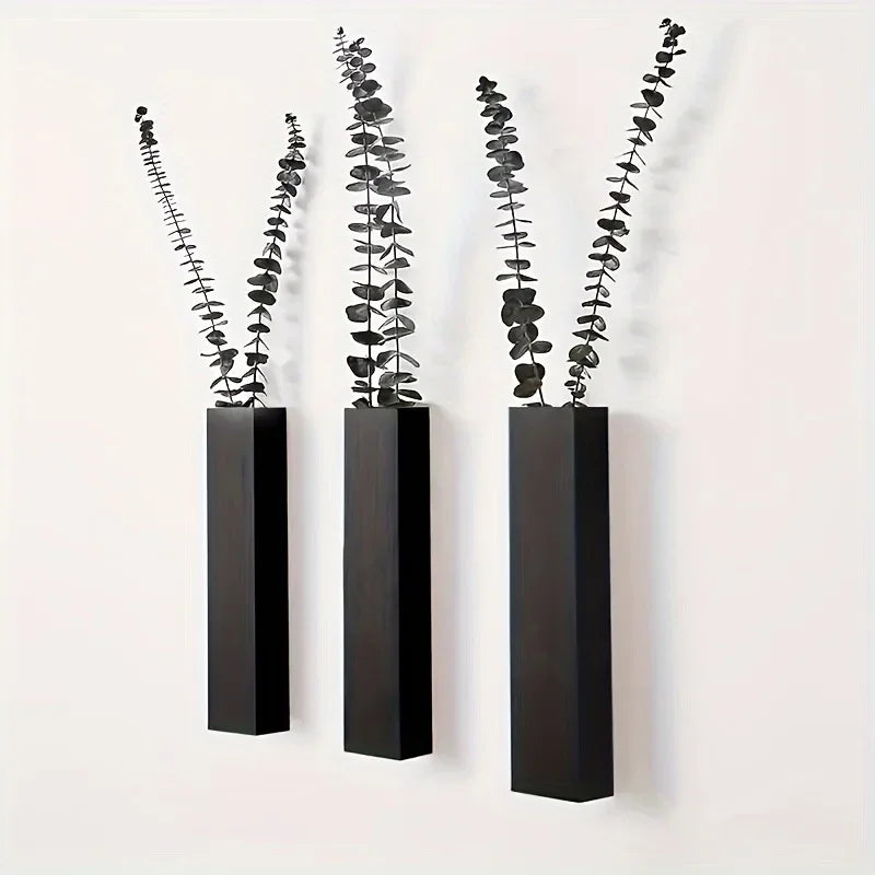 Rustic wood wall mounted vase on farmhouse interior wall with dried stems