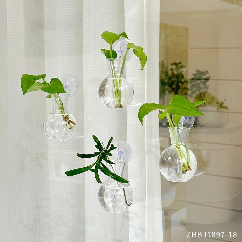 Suction cup glass gourd vase hanging hydroponic window planter