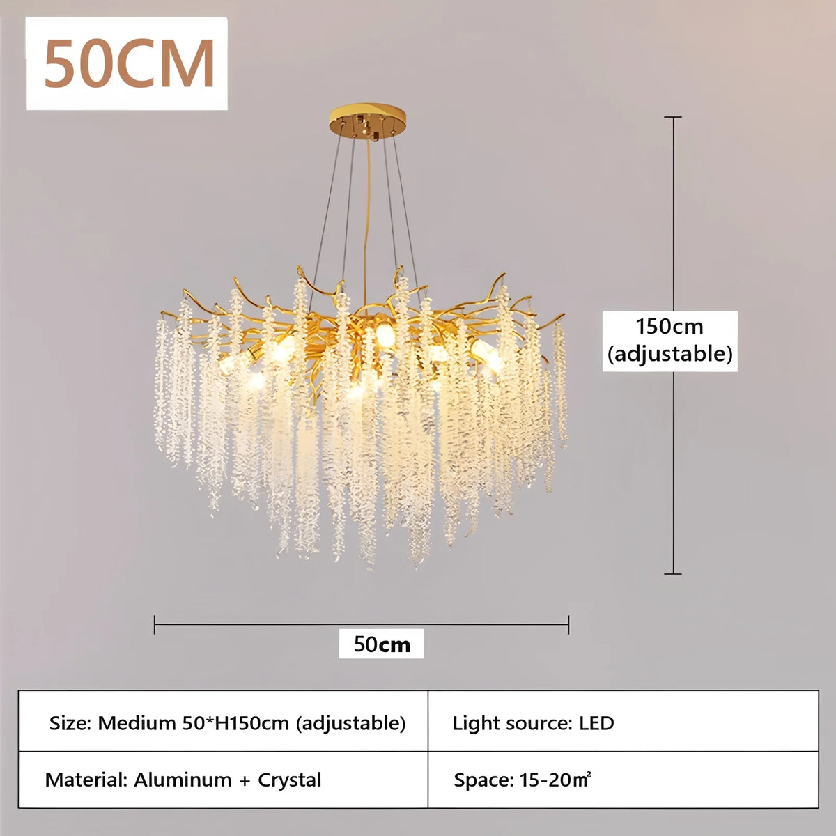 Crystal branch chandelier at 23.6 in across in natural white light
