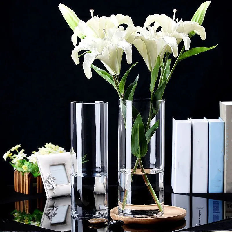 Tall glass cylinder vase 6.5x18cm with fresh plant cutting on modern shelf