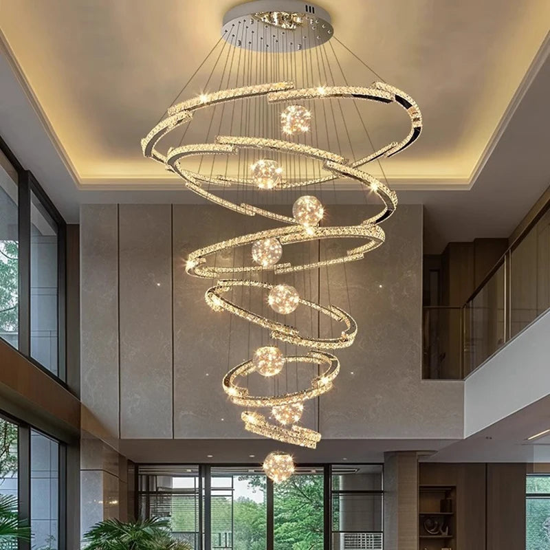 Crystal strung rings nested in descending tiers on a chandelier