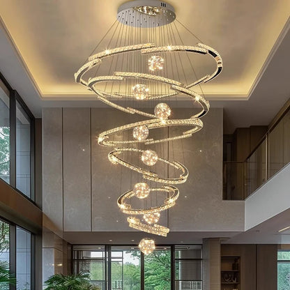 Crystal strung rings nested in descending tiers on a chandelier