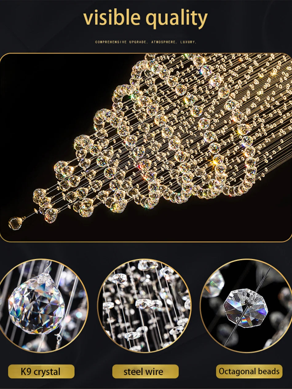 Chrome shell crystal chandelier lit in warm white down a stairwell