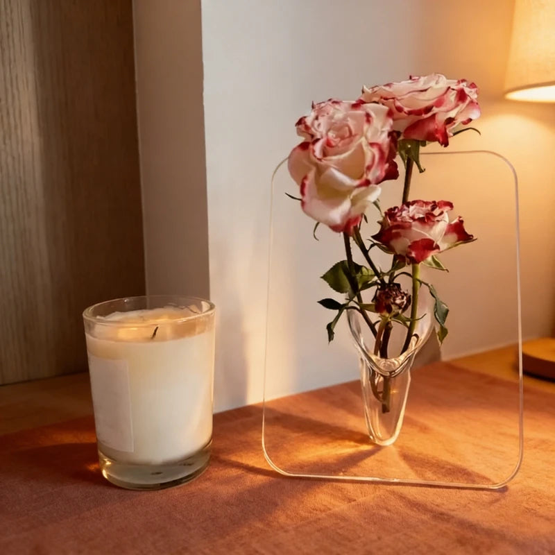 Close-up of acrylic photo frame slot on decorative flower vase design