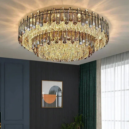 Round crystal pendant chandelier with clear crystal in a ring