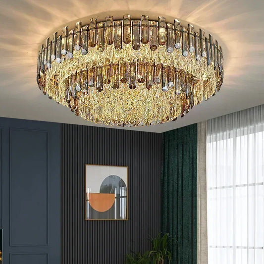 Round crystal pendant chandelier with clear crystal in a ring