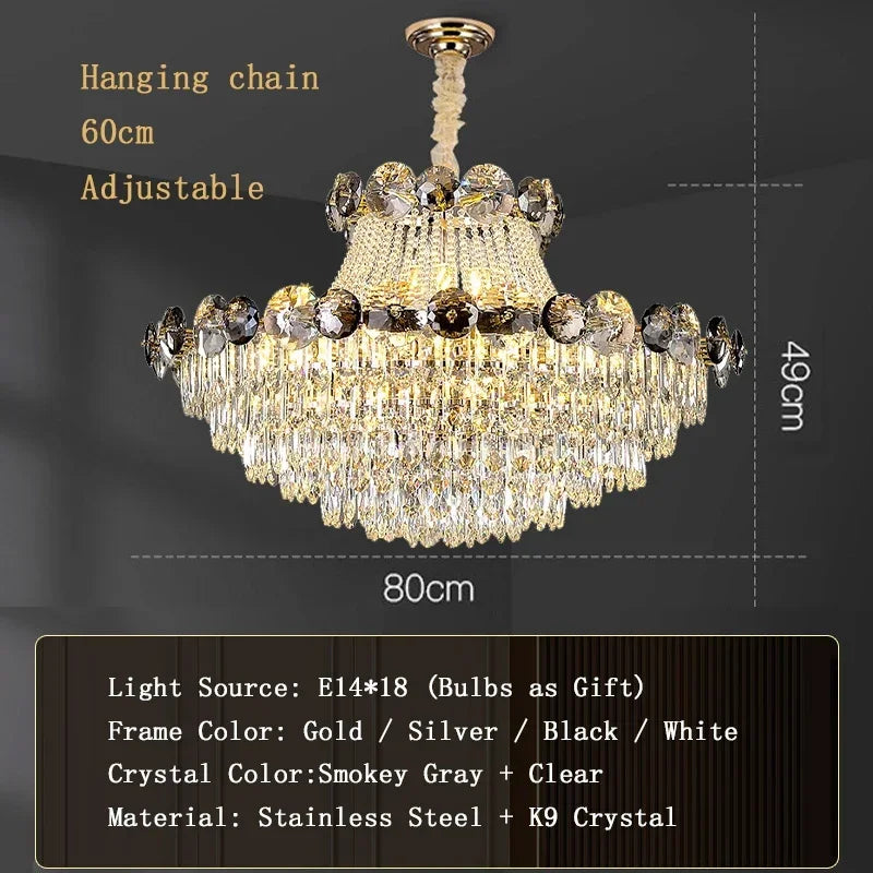 Tall gold crystal chandelier with a 70.9 in (180 cm) cascading drop