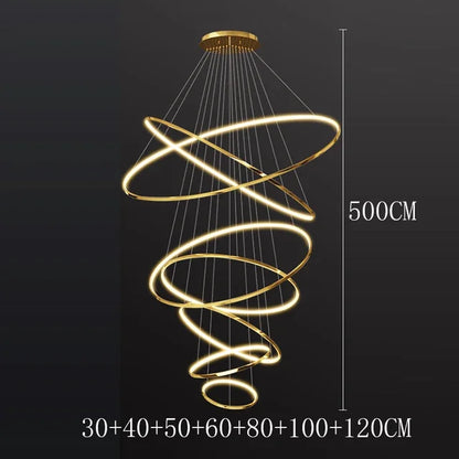 Ring chandelier shown lit in warm white LED light down the drop