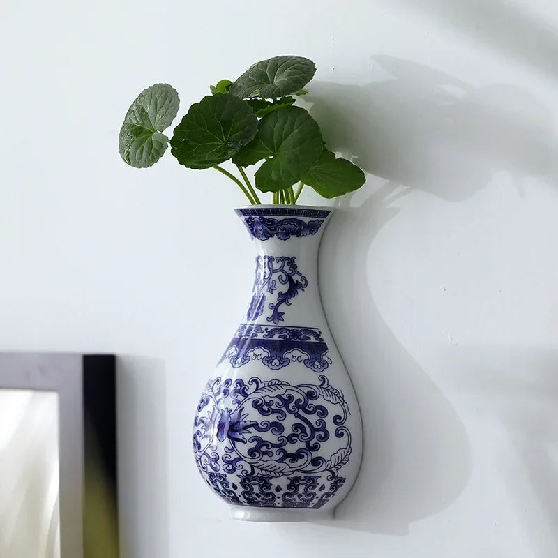 Close detail of hand-painted blue and white porcelain vase surface pattern